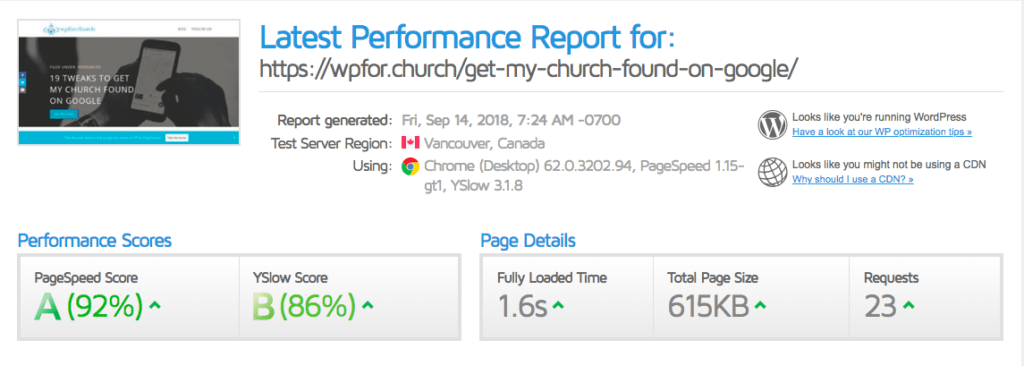 image of site speed test because GT Metrix Site Speed can help your church get found on Google